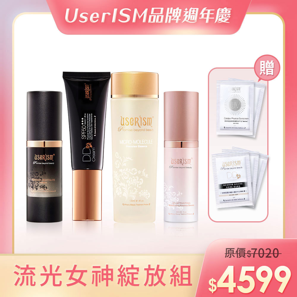 【流光女神綻放組】物理防曬DD霜/微分子前導活膚菁露/水漾仙跡緊緻青春活膚精華/3D舒緩保濕凝乳 防曬小DD試用包x3 梓木試用包x2