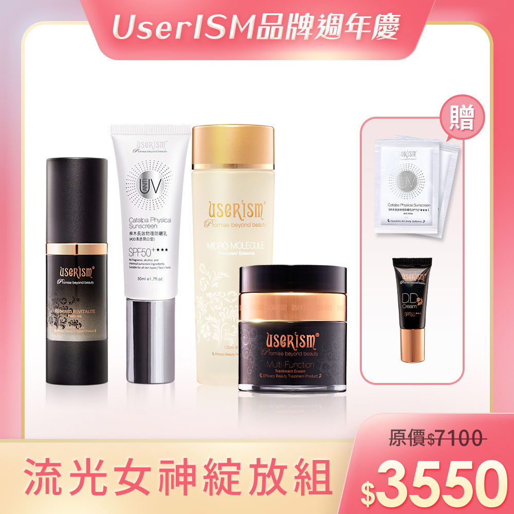 【流光女神綻放組】梓木物理防曬乳SPF50 ★★★50ml(長效型)/微分子前導活膚菁露/水漾仙跡緊緻青春活膚精華/水漾仙跡多功修護菁純霜 防曬小DD霜 梓木試用包x2