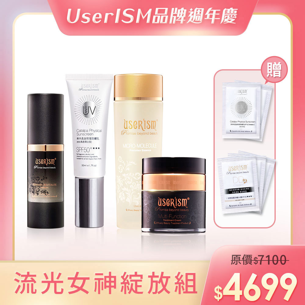 【流光女神綻放組】梓木物理防曬乳SPF50 ★★★50ml(長效型)/微分子前導活膚菁露/水漾仙跡緊緻青春活膚精華/水漾仙跡多功修護菁純霜 防曬DD試用包x3 梓木試用包x2
