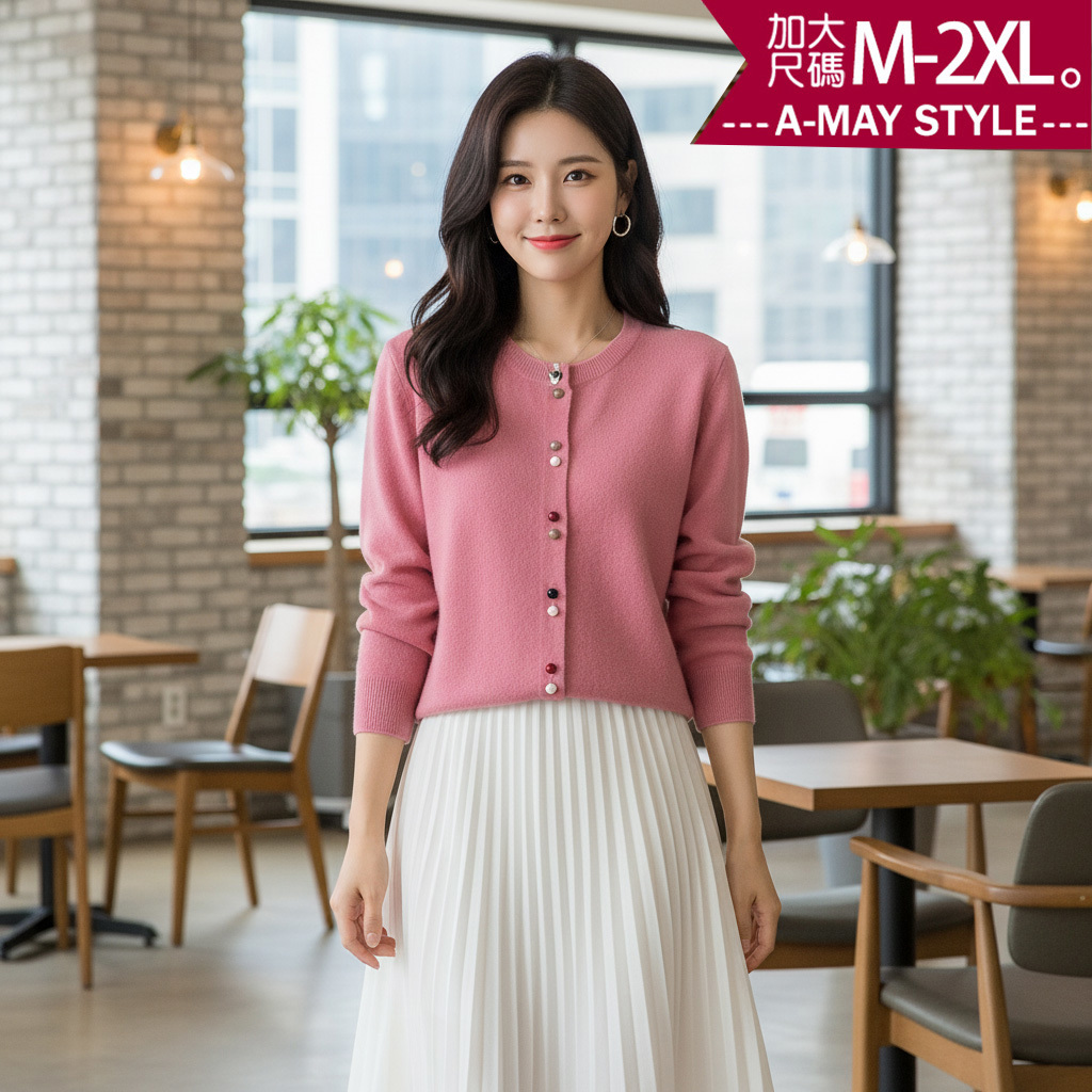 加大碼 針織衫 外套 質感親膚彩釦圓領針織上衣(M-2XL)【XGN260234】＊艾美時尚(現 預)