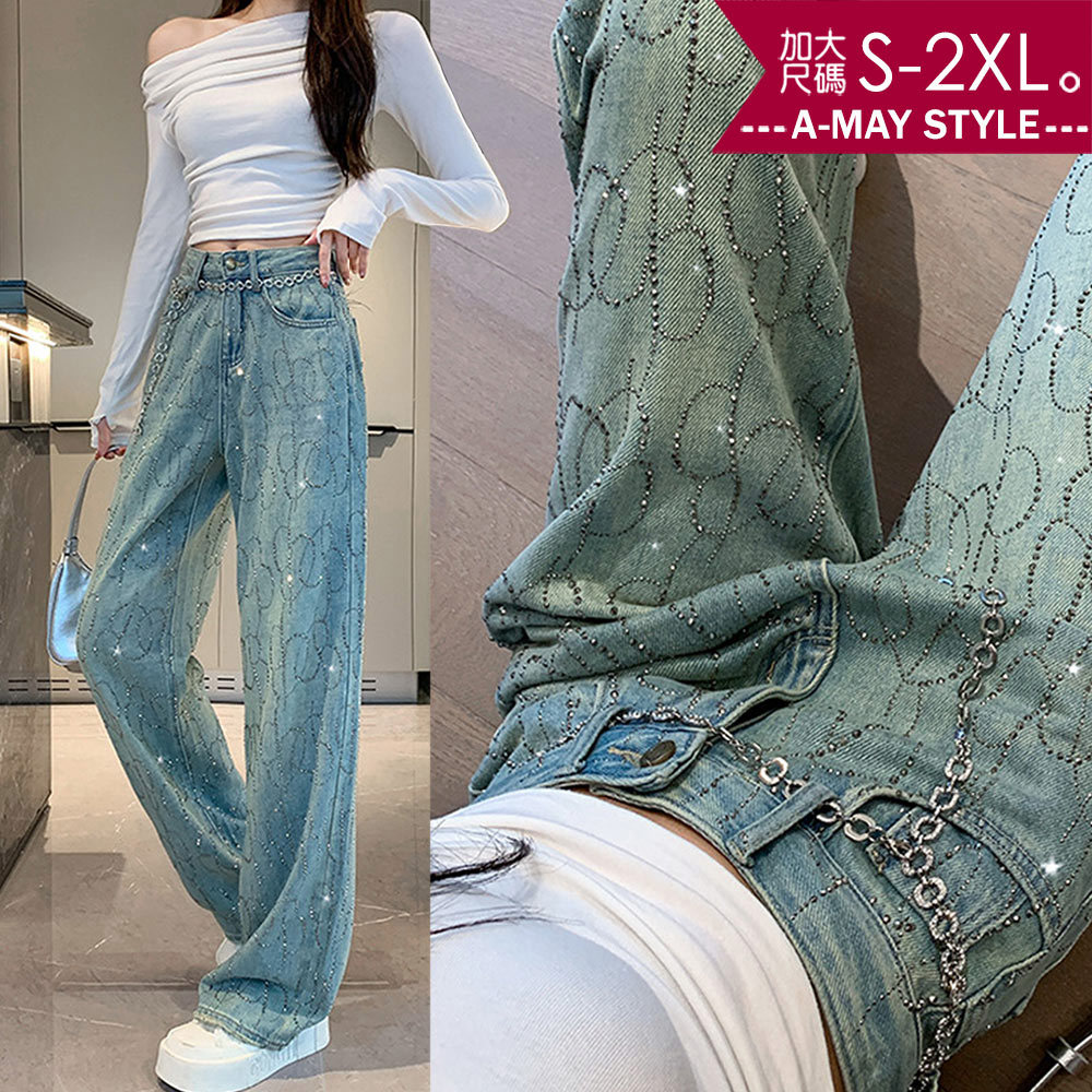 加大碼丹寧 長褲 時髦燙鑽高腰顯瘦直筒牛仔褲(S-2XL)【XCM260259】＊艾美時尚(現 預)