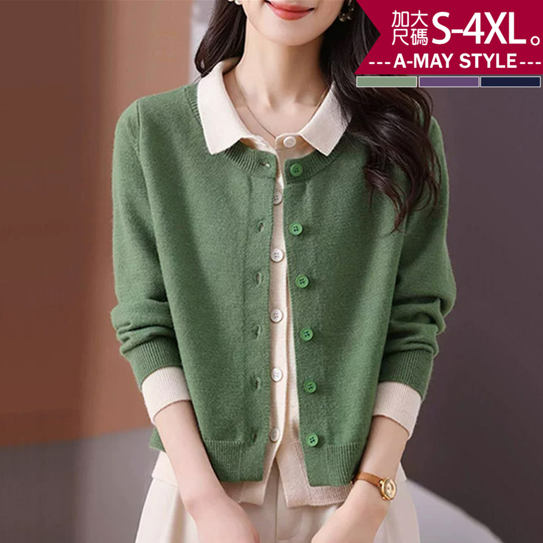 加大碼 針織衫 假兩件翻領撞色層次感排釦針織上衣 (S-4XL)【XGJ260260】＊艾美時尚(現 預)