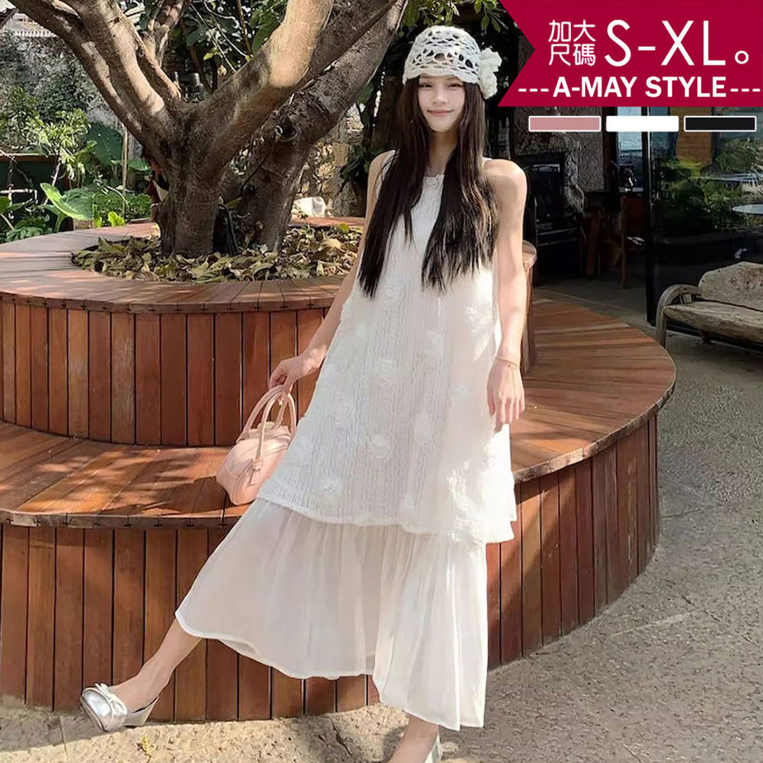 加大碼 背心洋裝 假兩件甜美渡假風花朵無袖長洋裝(S-XL)【XKW260331】＊艾美時尚(現 預)