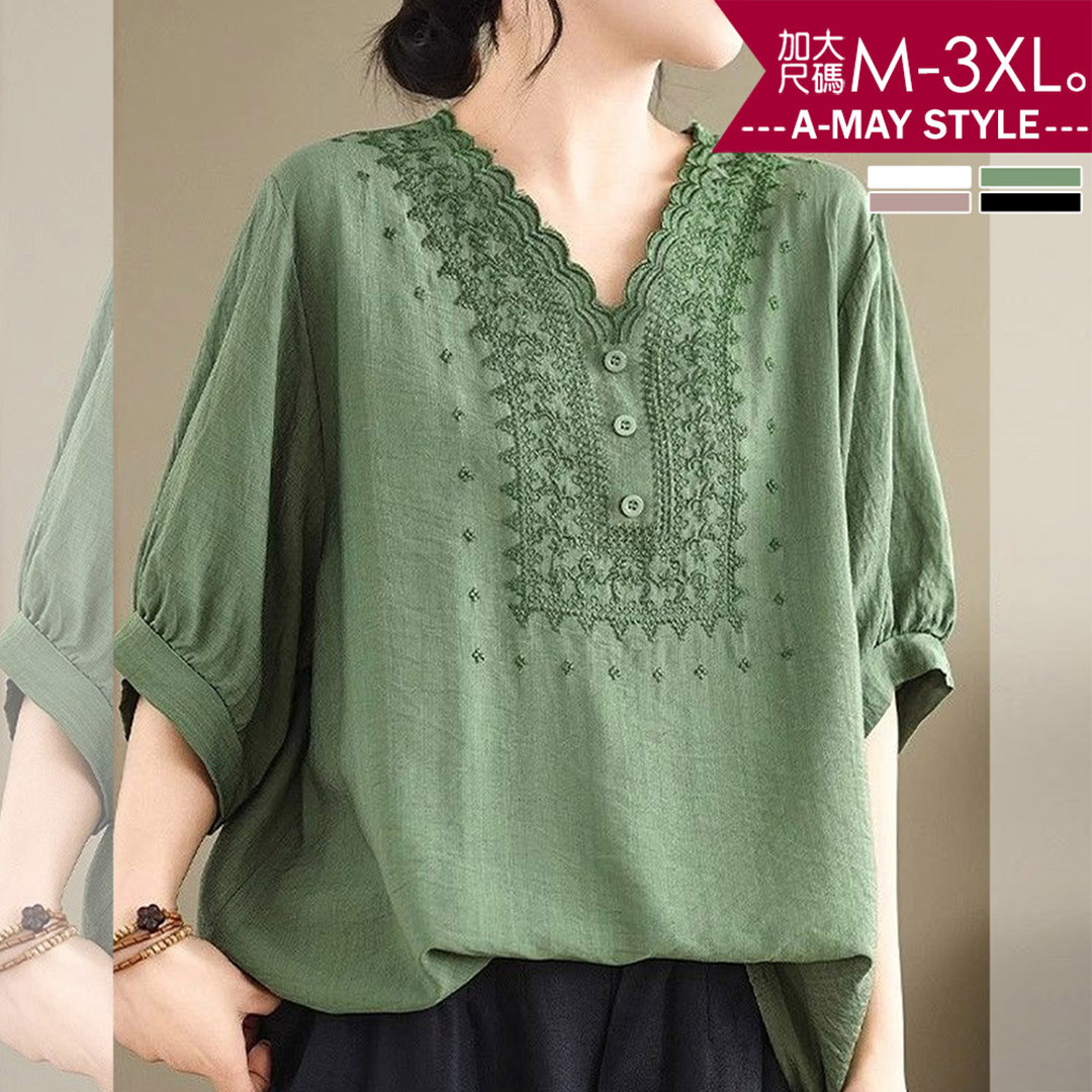 加大碼 T恤 民族風復古棉麻感刺繡寬鬆V領上衣(M-3XL)【XGH260322】＊艾美時尚(現 預)