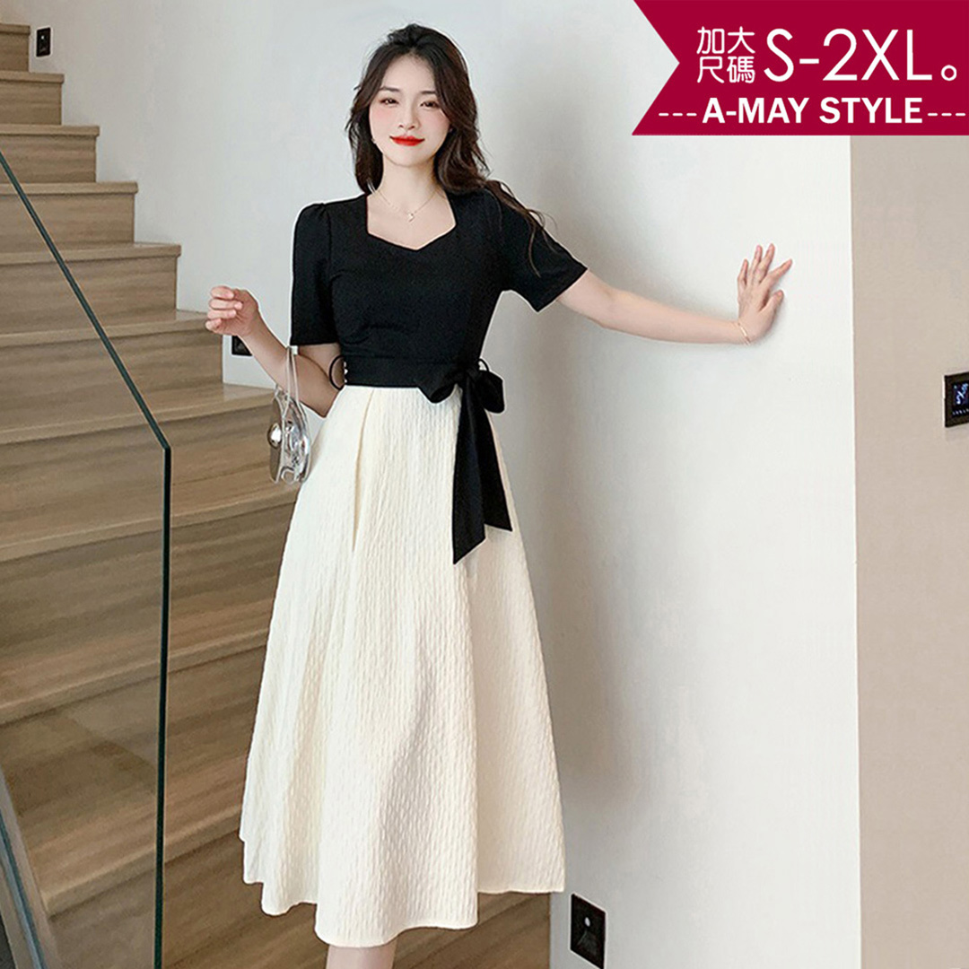 加大碼 連身裙 名媛氣質小香風蝴蝶結撞色顯瘦洋裝(S-2XL)【XMR260368】＊艾美時尚(現 預)
