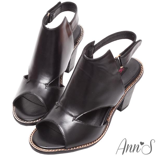 Ann’S時髦達人-後空靴型魚口粗跟踝靴8cm-黑