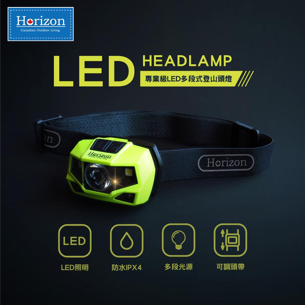 【Horizon 天際線】專業級LED多段式登山頭燈(乾電池款) (IPX4防水)