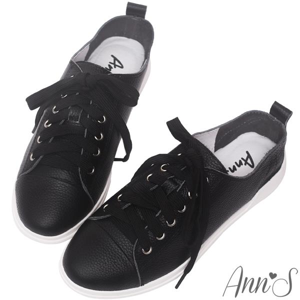Ann’S第一代休閒舒適全真牛皮超軟綁帶小白鞋-黑