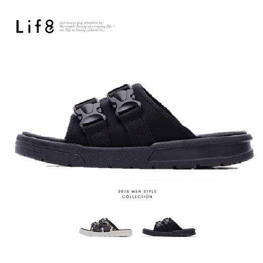 【LIFE8】Sport 輕量 彈力布 雙帶扣拖鞋09866-黑色