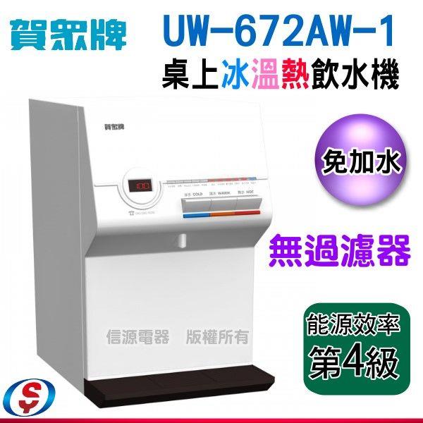 送安裝【賀眾牌桌上型冰溫熱飲水機】UW-672AW-1 (需外接過濾器)
