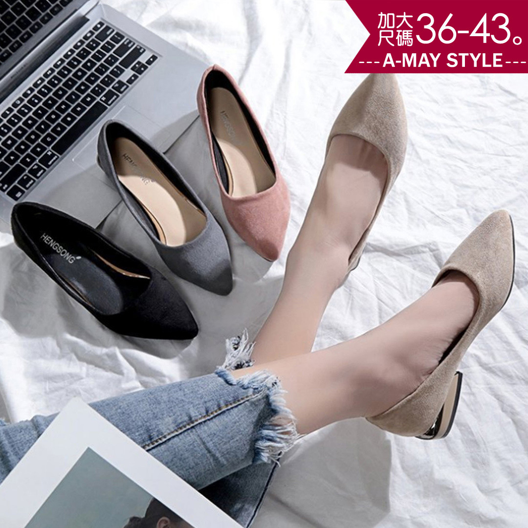 特價99元UP。現貨跟鞋-尖頭絨面方跟拼接包鞋【XLW0831-1】＊特價商品恕不退換