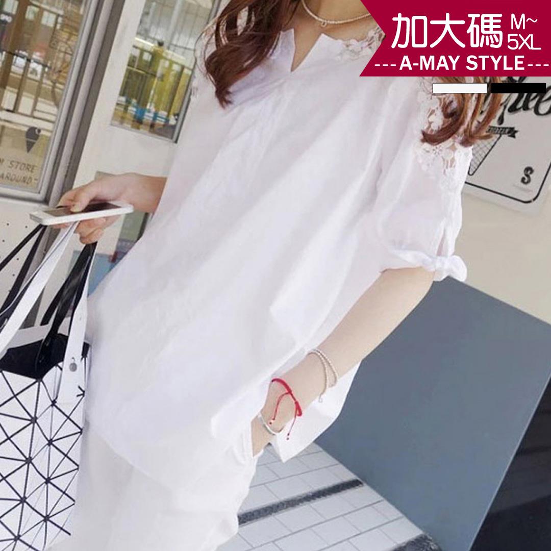 加大碼-鏤空蕾絲拼接五分袖上衣(M-5XL)【XBW100417】＊艾美時尚(現 預)
