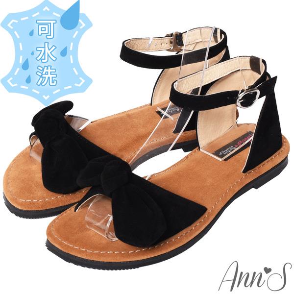 Ann’S水洗牛皮-甜美扭結寬版平底涼鞋-黑
