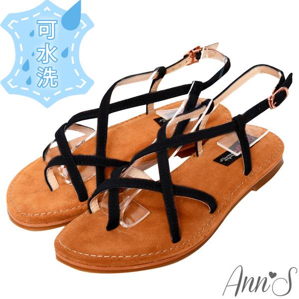 Ann’S水洗牛皮-美式女孩夾腳寬版平底涼鞋-黑