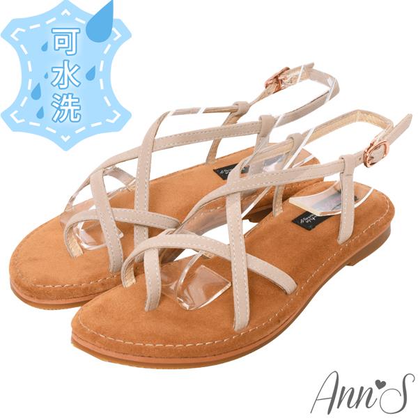 Ann’S水洗牛皮-美式女孩夾腳寬版平底涼鞋-米白