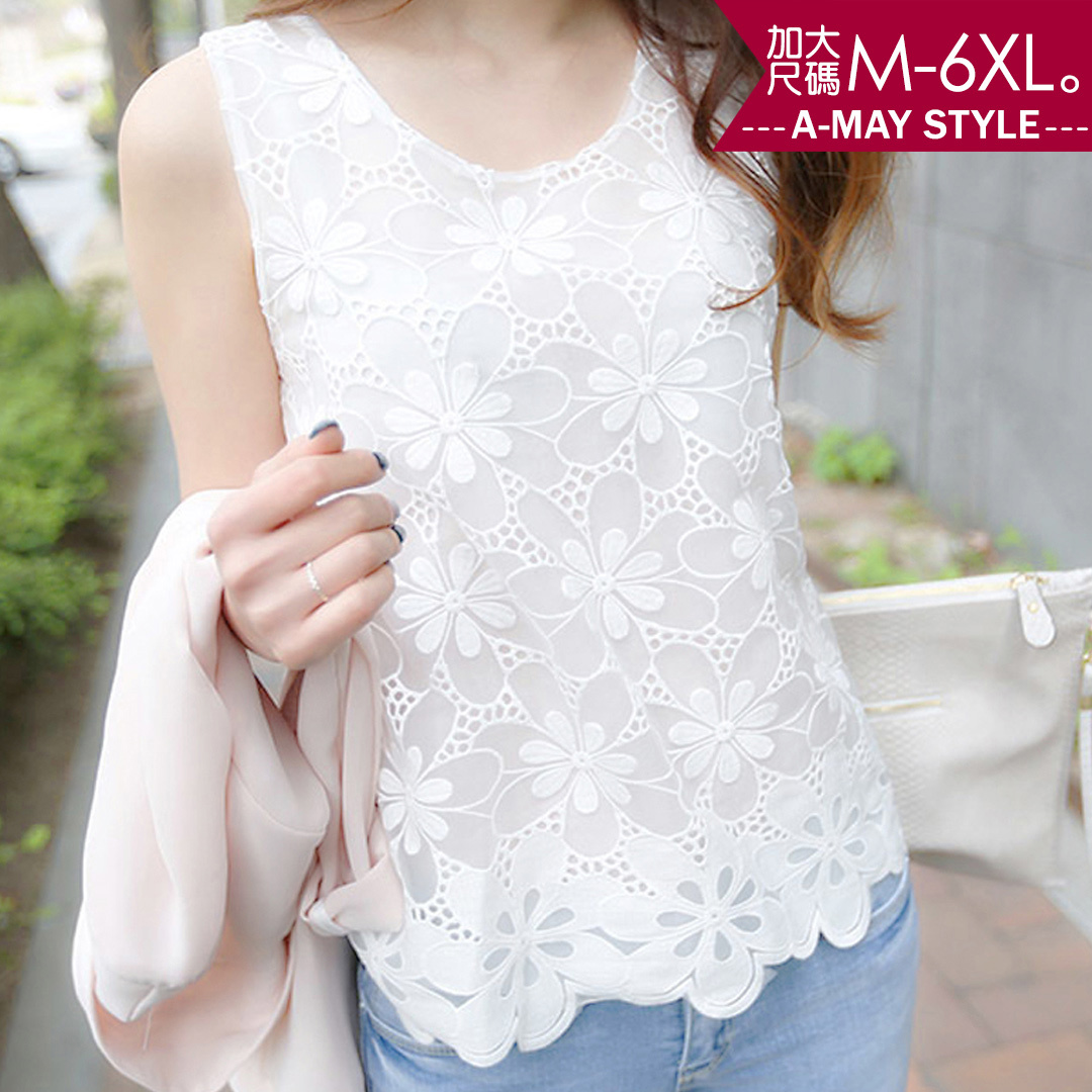 加大碼背心-蕾絲鉤花無袖雪紡上衣(M-6XL)【XTT0418】＊艾美時尚(現 預)