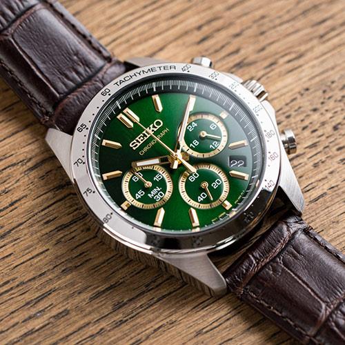 【結帳再折$200】現貨 SEIKO 精工錶 貴族風範三眼計時鱷魚紋皮革腕錶/咖啡x綠面 男錶 SBTR017_JP 世界第一日本精工 熱賣中!