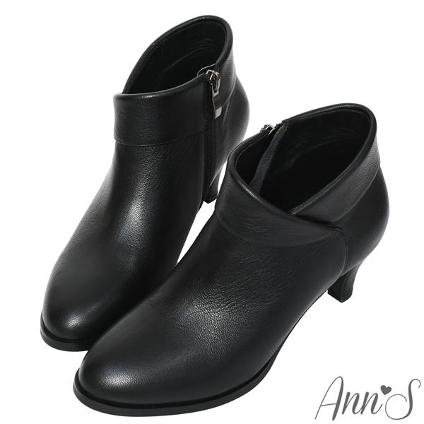 Ann’S瑪麗安-優雅側V顯瘦小羊皮低跟短靴-黑