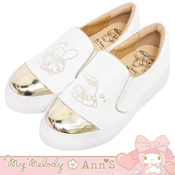 🍎任一雙現折$618🍎Ann’S X Sanrio三麗鷗 美樂蒂聯名 玫瑰姊妹美樂蒂與小綿羊金色鞋頭刺繡厚底懶人鞋3.5cm-白