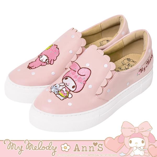 🎀買就送炫彩飲料提袋🎀Ann’S X Sanrio三麗鷗 美樂蒂聯名 玫瑰姊妹美樂蒂與小綿羊花邊滿版刺繡厚底懶人鞋3.5cm-粉