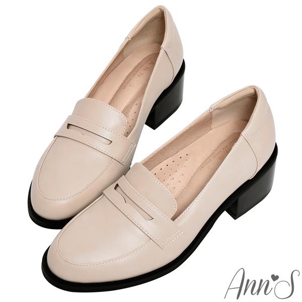 Ann’S學院提案-質感素面粗跟樂福鞋5cm-米白