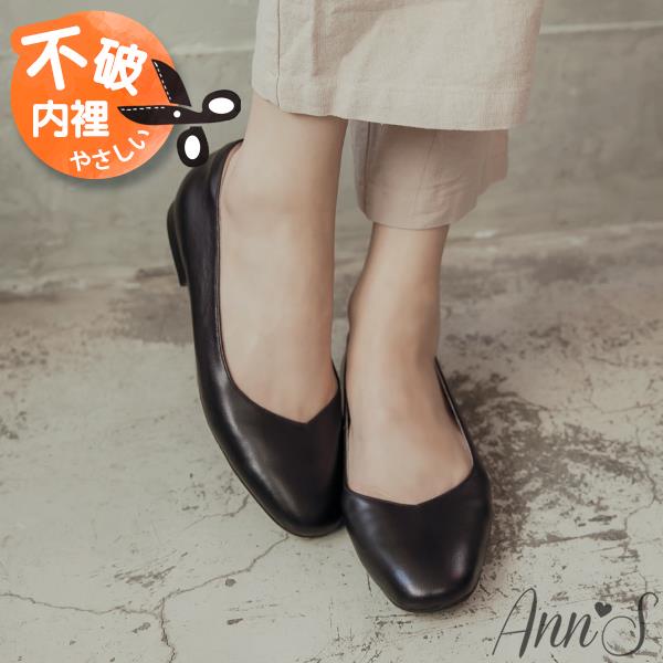 Ann’S奶奶鞋-V型小羊皮真皮方頭平底鞋-黑