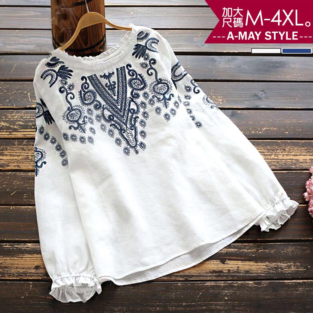 加大碼-民族風刺繡花邊領長袖上衣(M-4XL)【XC202053】＊艾美時尚(現 預)