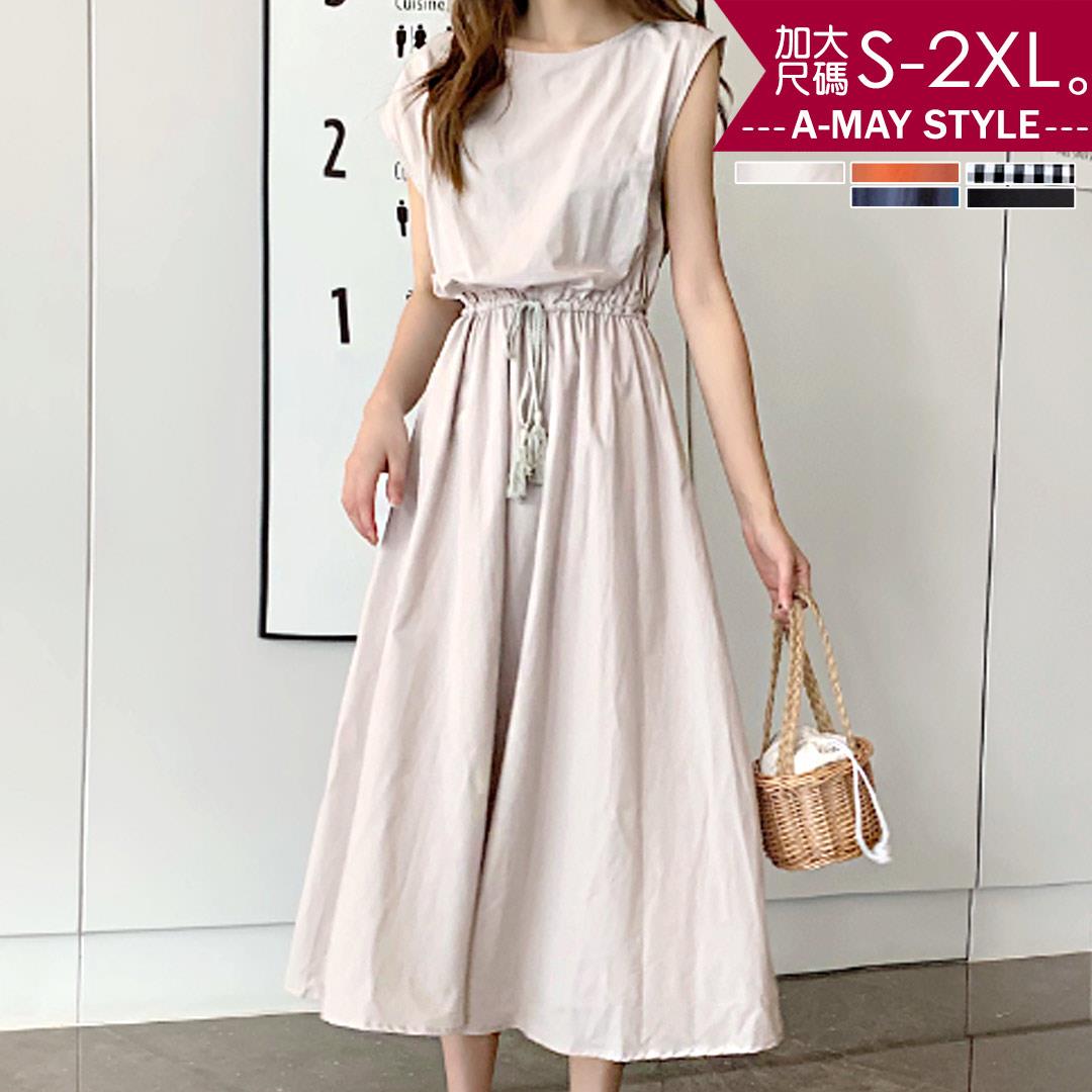 加大碼洋裝-法式優雅綁帶棉麻顯瘦長裙(S-2XL)【XBW202043】＊艾美時尚(現 預)