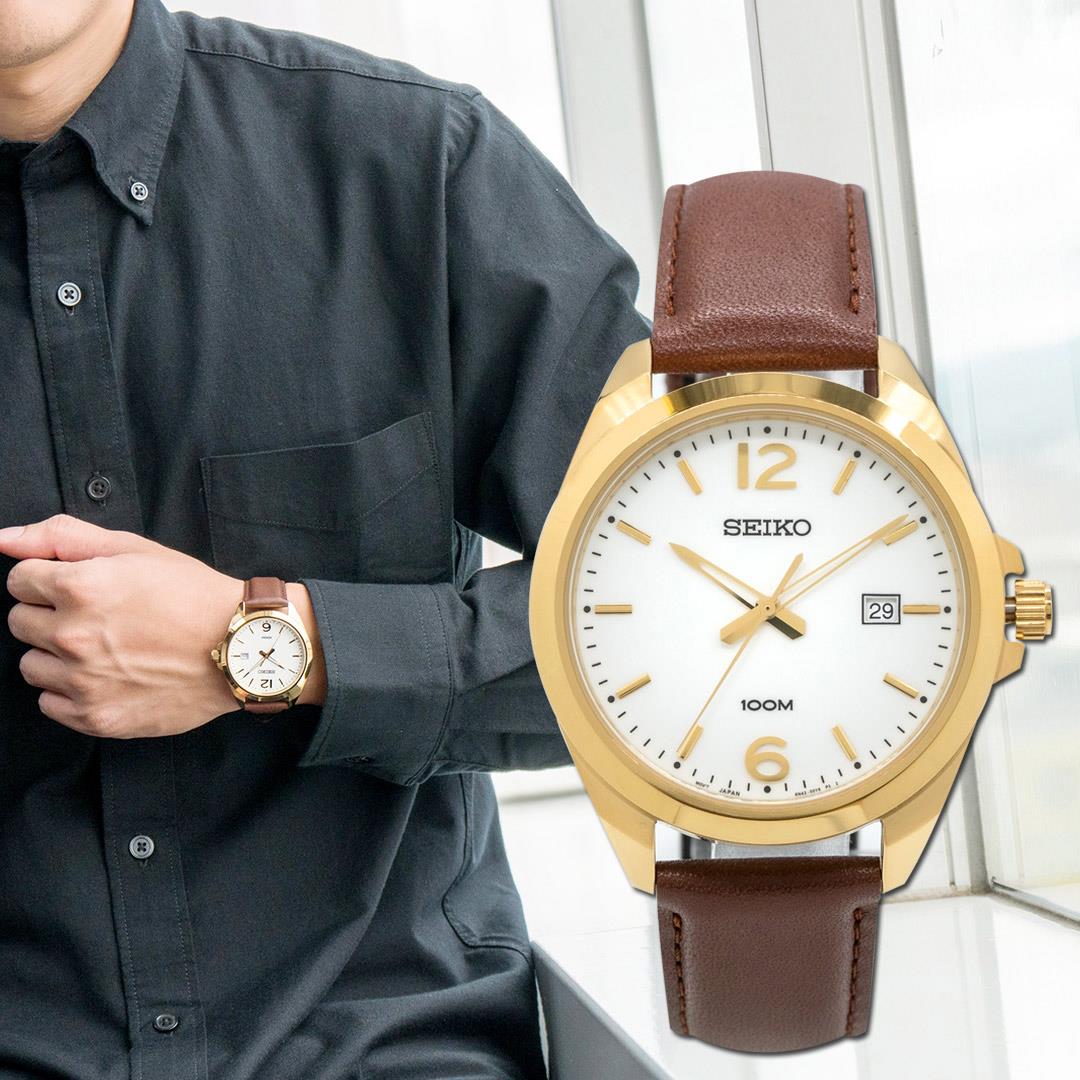 SEIKO 精工錶經典簡約大三針皮革腕錶/咖啡x金框男錶SUR216P1_M