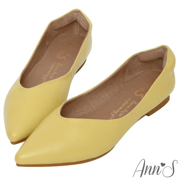 Ann’S無調味-素面純色V口顯瘦尖頭超軟真皮平底鞋-黃