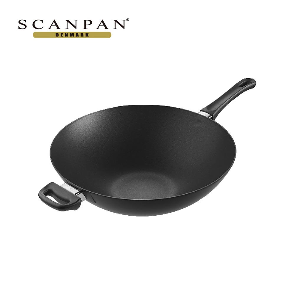 【SCANPAN】 經典超鈦磨⁺ 36cm中式不沾炒鍋（無蓋／烤箱可用）贈 不鏽鋼炒鍋鍋蓋-36CM+高級櫸木木鏟