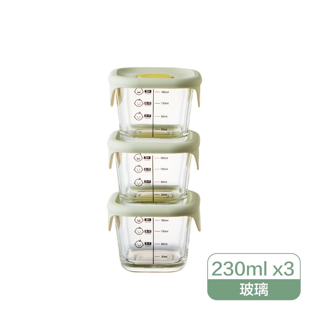 樂扣樂扣寶寶副食品耐熱玻璃調理盒/230ml/正方形/薄荷綠/三入組(LLG509S3)