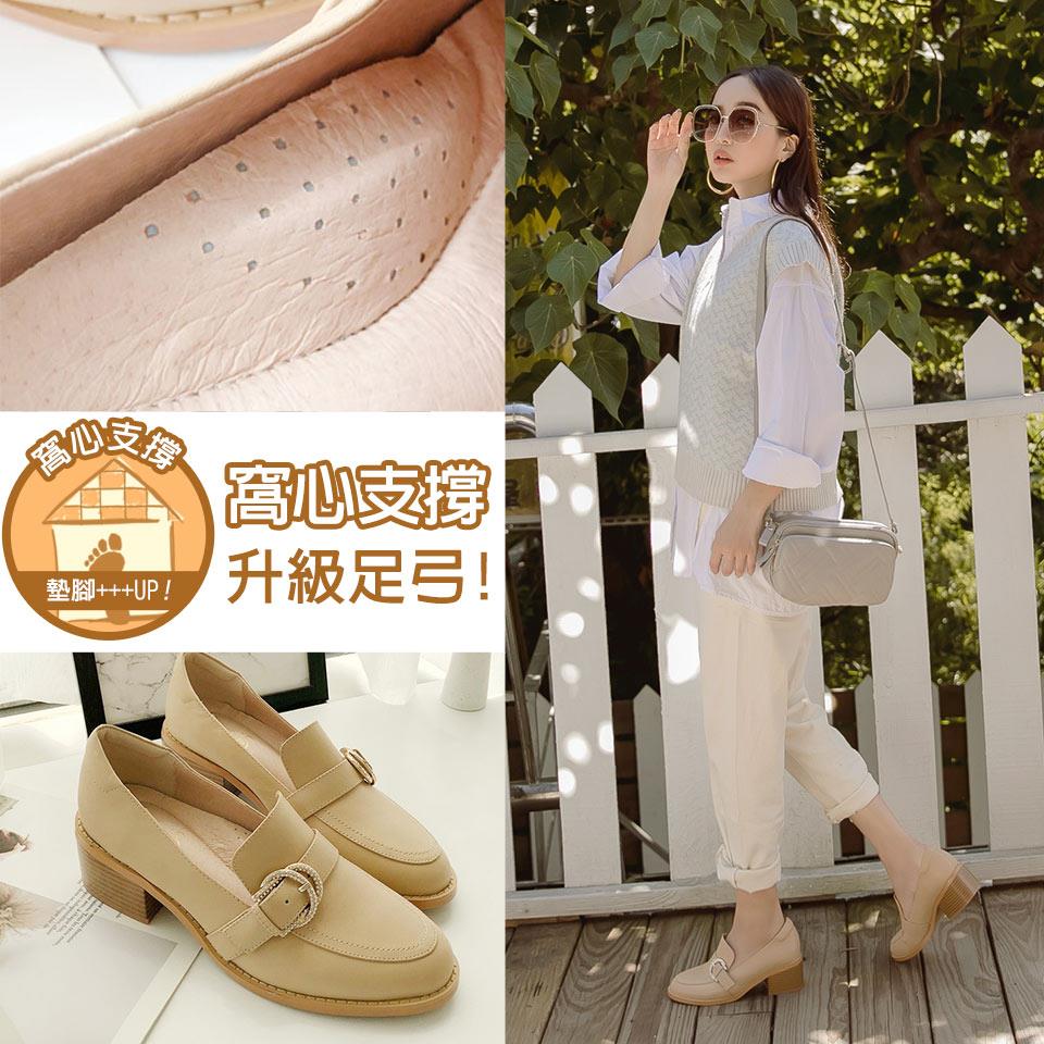 Ann’S日系微甜-小羊皮閃耀鑽石扣粗跟樂福鞋5cm-卡其(版型偏大)