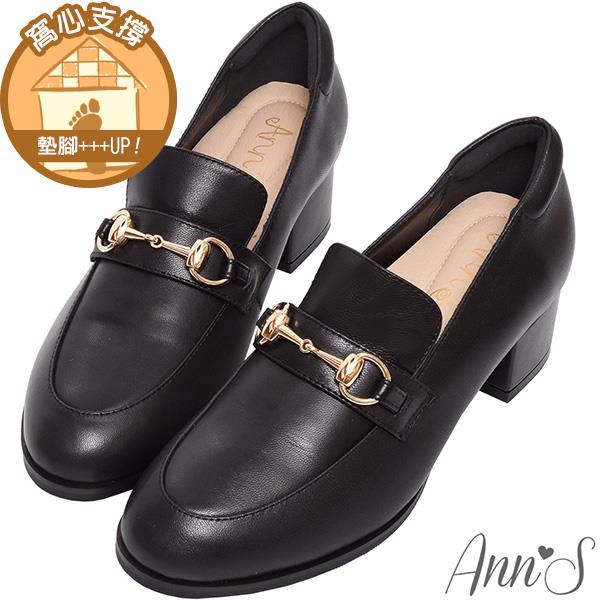Ann’S質感真小羊皮金釦粗跟樂福鞋 4.5cm-黑