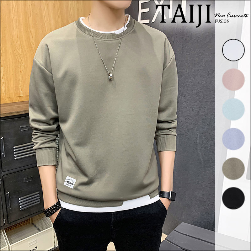 假二件落肩大學t 拼色假二件領口下擺缺口設計寬鬆落肩長t大學t 6色 加大尺碼 Ntjby6720 Taiji Taiji