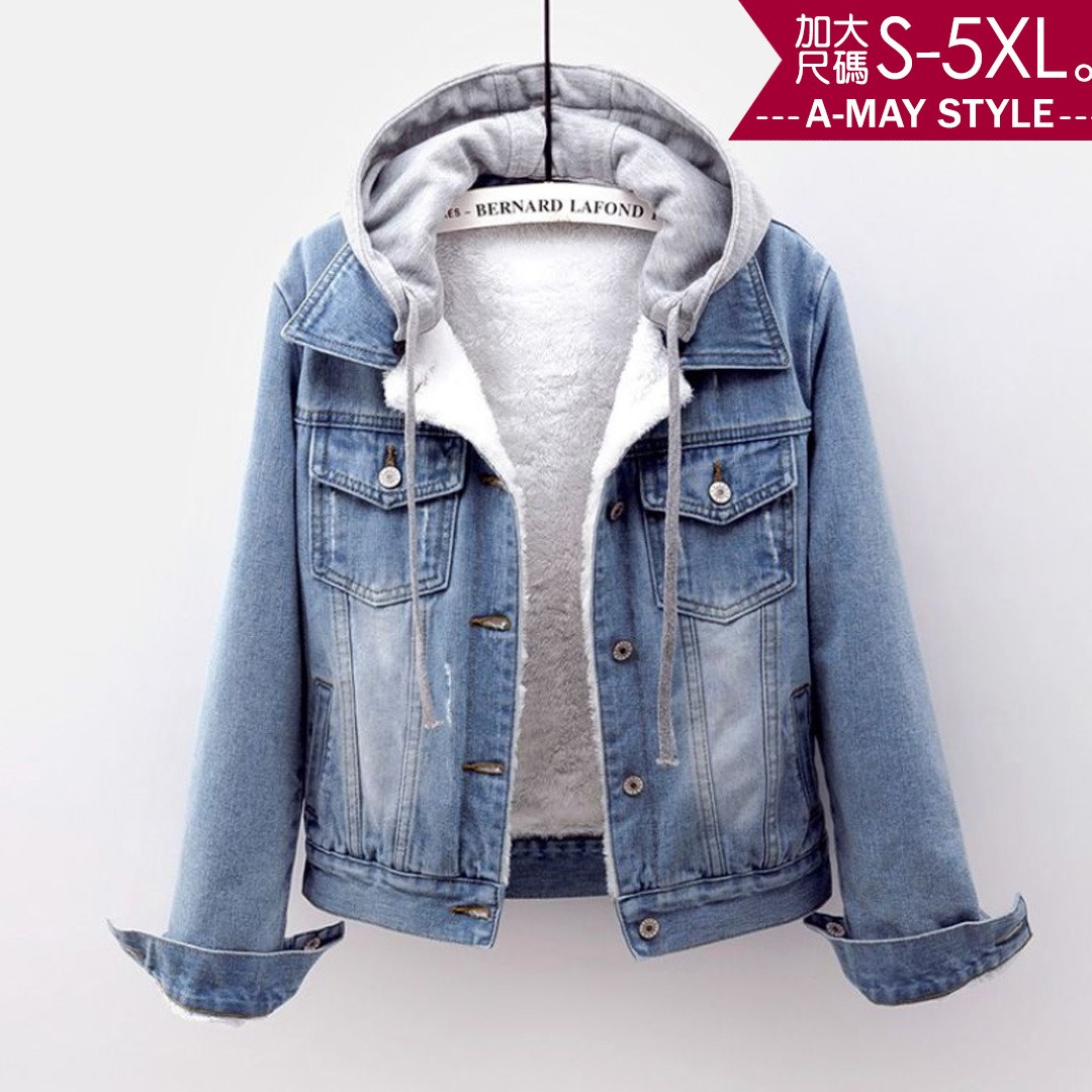 現貨-中大尺碼-暖暖羊羔毛可拆式連帽牛仔外套(S-5XL)【XCB883065】＊艾美時尚