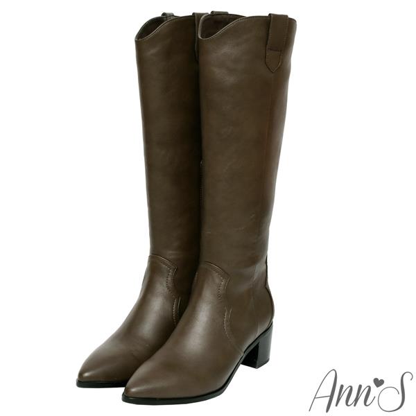 Ann’S窄版復古皮革-超修身V口顯瘦粗跟西部及膝長靴4.5cm-可可