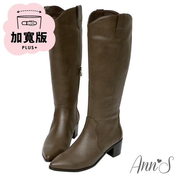 Ann’S寬版復古皮革-超修身V口顯瘦粗跟西部及膝長靴4.5cm-可可