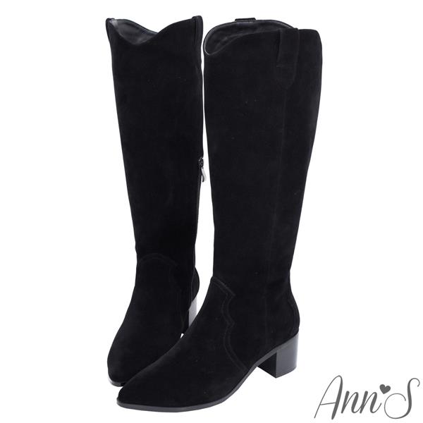 Ann’S窄版防水絨布-超修身V口顯瘦粗跟西部及膝長靴4.5cm-黑
