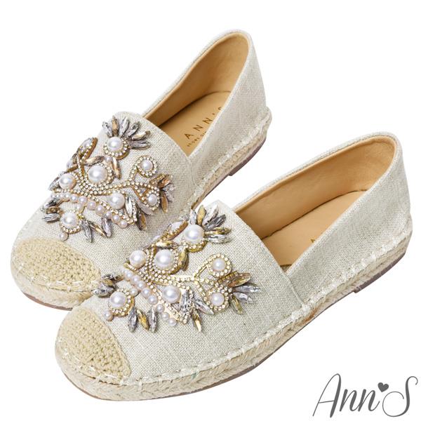 Ann’S名媛華麗-珍珠鑽石羊皮帆布草編鞋-米白