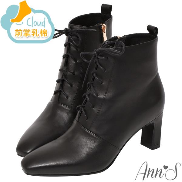 🎁買就送鞋撐🎁Ann’S頂級小羊皮窄瘦修身造型綁帶方頭扁跟短靴6.5cm-黑