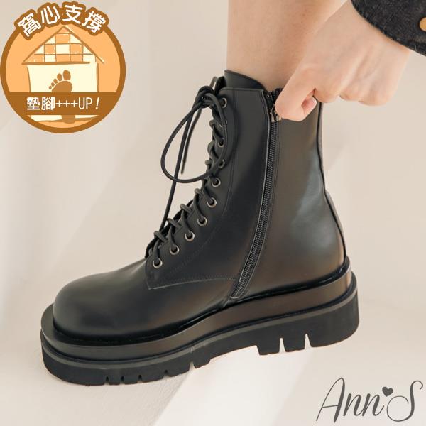 Ann’S就是比較瘦-頂級牛皮綁帶輕量厚底短筒軍靴5cm-黑