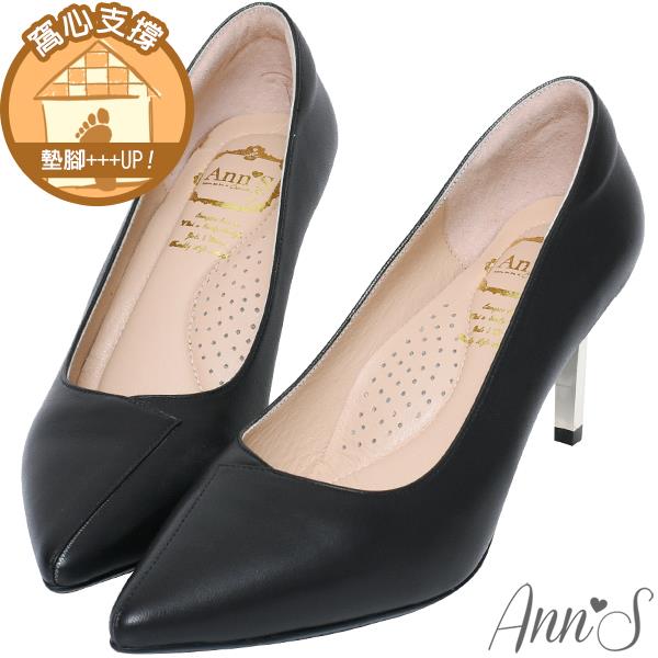 Ann’S嚮往的女人味-層次拼接柔軟小羊皮電鍍細跟尖頭高跟鞋7.5cm-黑