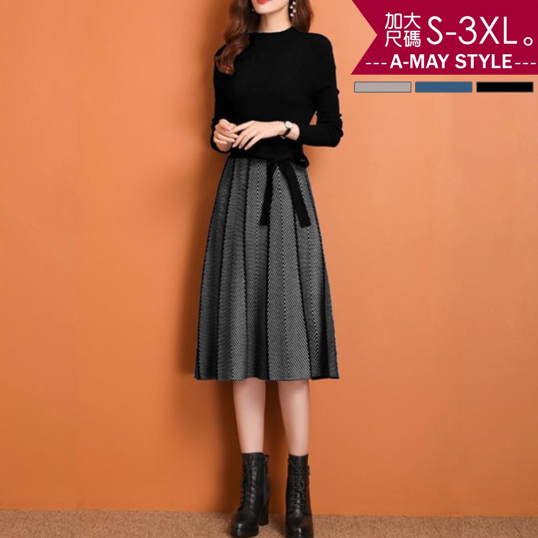 加大碼 連身裙 優雅拼接收腰中長版針織洋裝(S-2XL)【XMSC0362】＊艾美時尚(現+預)