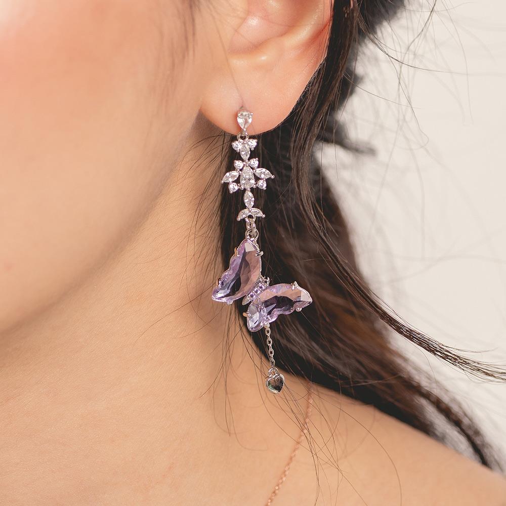 璀璨紫晶蝴蝶不對稱925銀針耳環-A10420