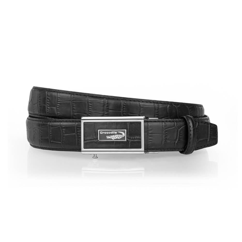 【Crocodile 鱷魚皮件】義大利進口牛皮 壓紋 自動穿扣 紳士皮帶 32MM-0101-42005-黑色