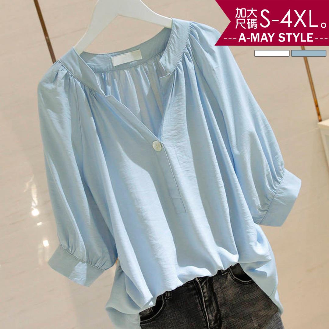 加大碼上衣-小清新V字短袖圓領衫(S-4XL)【XMS503322】＊艾美時尚(現 預)
