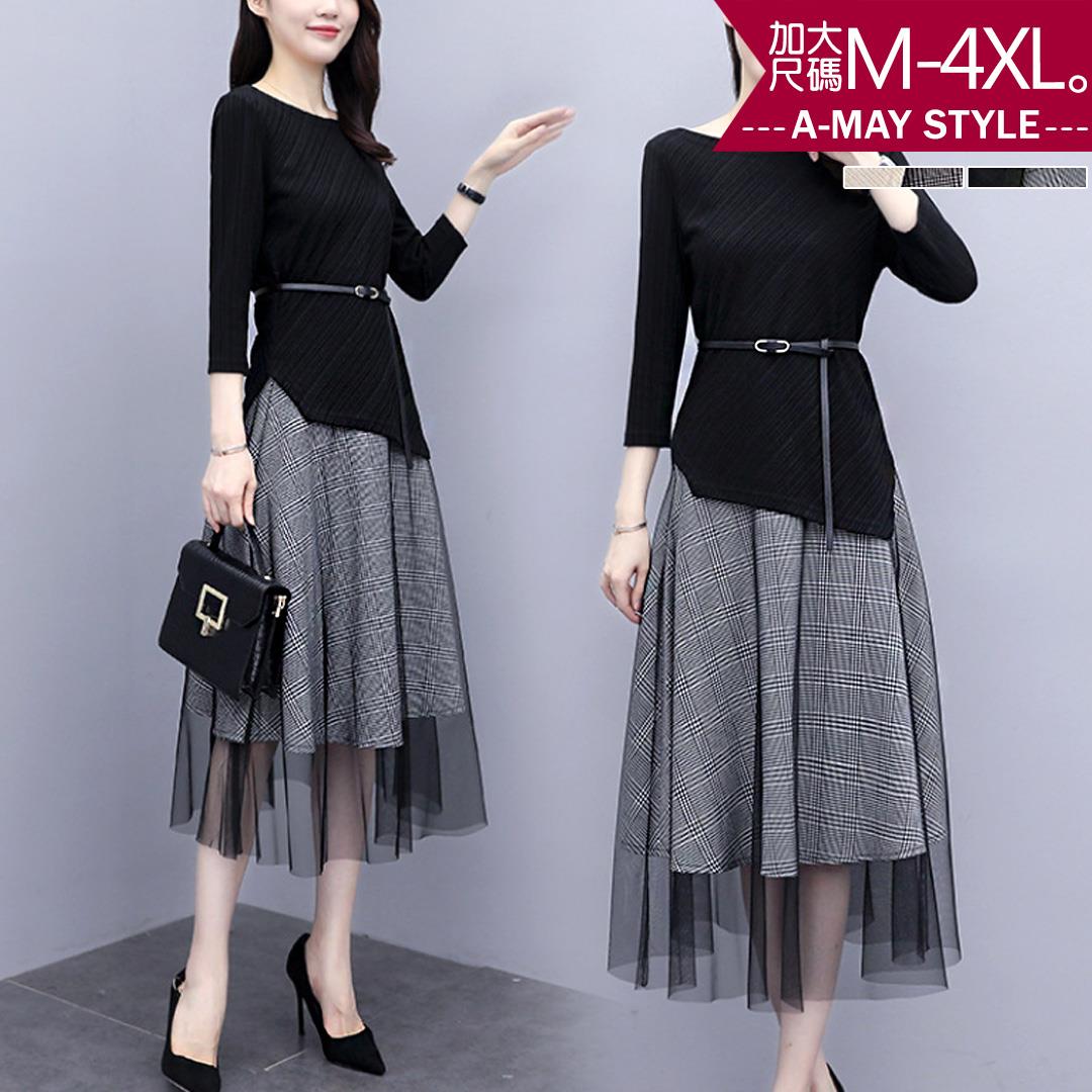 加大碼洋裝-輕熟感格紋網紗過膝套裝裙(M-4XL)【XMS103260】＊艾美時尚(現 預)
