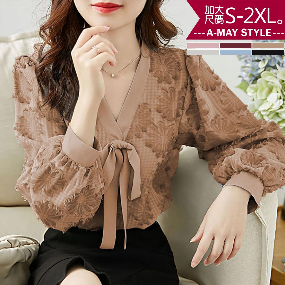 加大碼-復古燈籠袖V領植絨印花上衣(S-2XL)【XT202140】＊艾美時尚(現 預)