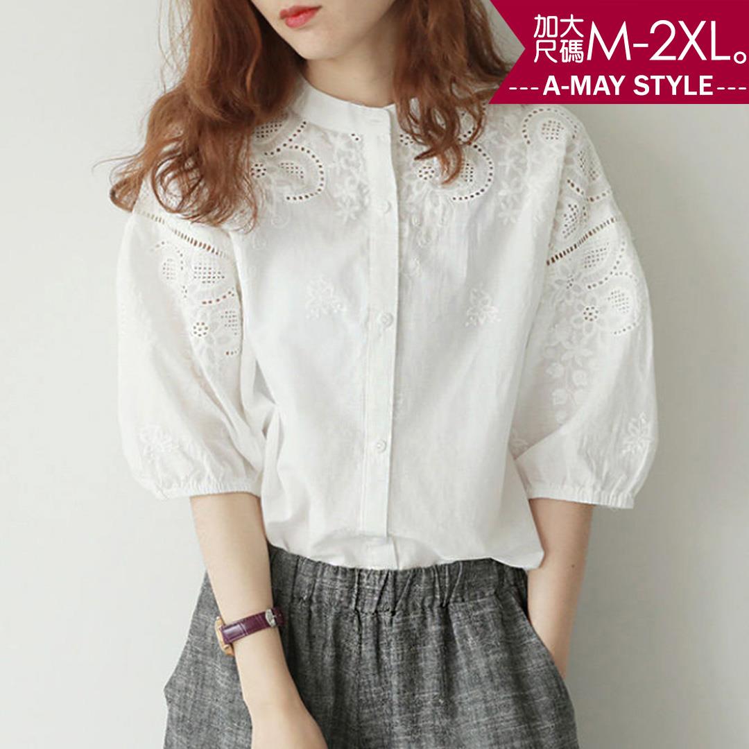 加大碼上衣-日系簡約刺繡感五分袖純棉襯衫(M-2XL)【XGD355444】＊艾美時尚(現 預)
